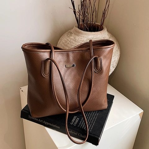 Sac Cabas Minimaliste en Cuir PU pour Femmes Grande Capacité Texture Litchi Sac à Épaule Élégant Sac à Main de Bureau Décor Métal