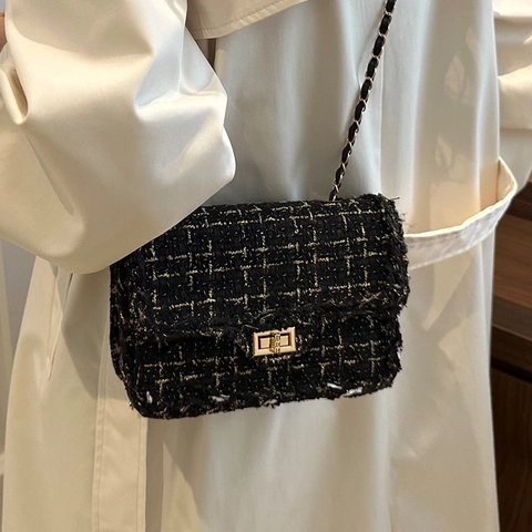Vintage Tweed Plaid Chain Shoulder Bag Women Elegant PU Leather Small Square Crossbody Bag With Metal Lock Buckle Fashion Bag