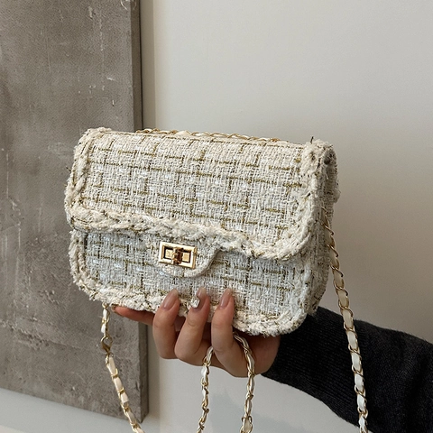 Vintage Tweed Plaid Chain Shoulder Bag Women Elegant PU Leather Small Square Crossbody Bag With Metal Lock Buckle Fashion Bag