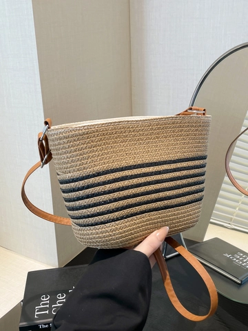 Damen Gestreift Stroh Gewebt Umhängetasche Sommer Strand Urlaub Handarbeit Weben Eimer Schultertasche Casual Mode Handtasche