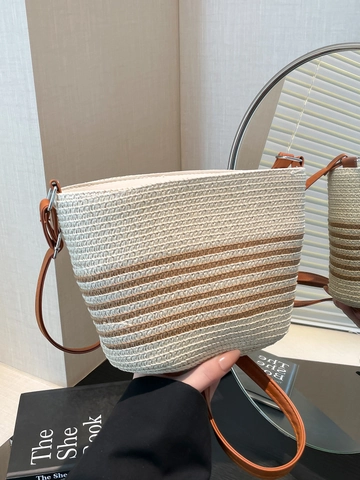 Damen Gestreift Stroh Gewebt Umhängetasche Sommer Strand Urlaub Handarbeit Weben Eimer Schultertasche Casual Mode Handtasche