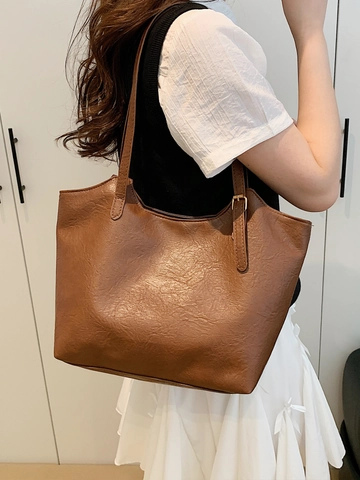 Vintage Large Capacity PU Leather Tote Bag For Women Retro Solid Color Shoulder Bag Fashion Commuting Versatile Daily Purse