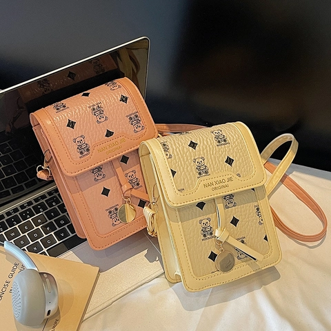 Borsa a Tracolla da Donna in Pelle PU con Stampa Monogramma Orso Tracolla Regolabile Piccola Borsa Quadrata Spalla Decorativa Mini Satchel
