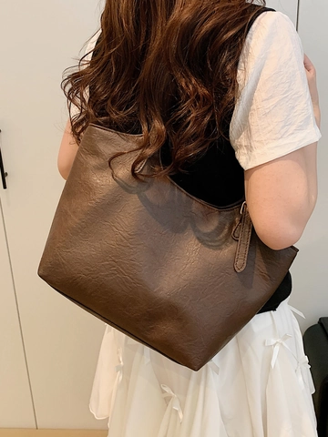 Vintage Large Capacity PU Leather Tote Bag For Women Retro Solid Color Shoulder Bag Fashion Commuting Versatile Daily Purse