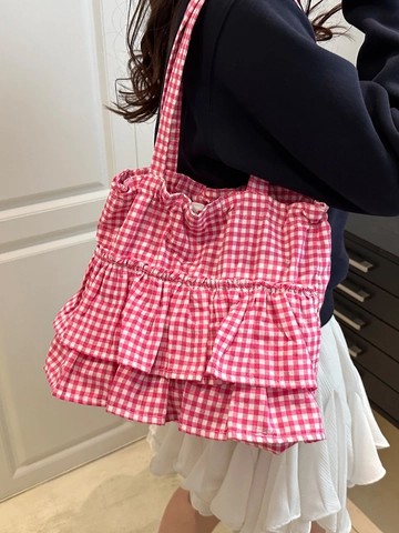 Μόδα Gingham Βολάν Καμβάς Τσάντα Tote Μεγάλης Χωρητικότητας Κορδόνι Τσάντα Ώμου Γλυκιά Πλέγμα Τσάντα Μασχάλης για Γυναίκες