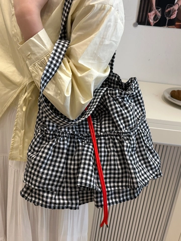Μόδα Gingham Βολάν Καμβάς Τσάντα Tote Μεγάλης Χωρητικότητας Κορδόνι Τσάντα Ώμου Γλυκιά Πλέγμα Τσάντα Μασχάλης για Γυναίκες