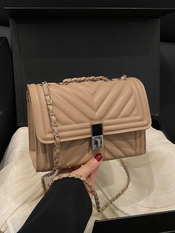 Fashion Women PU Quilted Chevron Shoulder Bag With Metal Chain Strap Small Square Crossbody Bag Lock Closure Elegant Tote