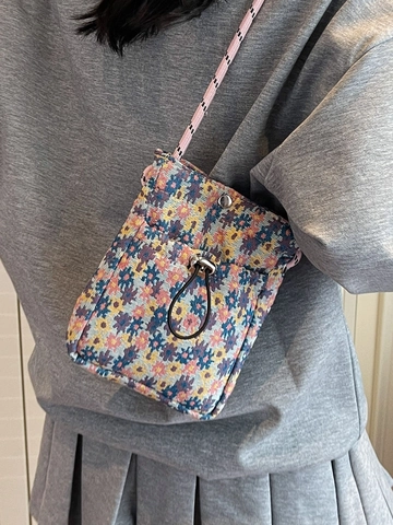 Vrouwen Bloemen Jacquard Canvas Crossbody Telefoontasje Mini Geweven Trekkoord Schoudertas Retro Pastorale Stijl Tas
