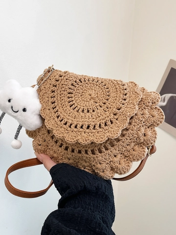 Borsa a Tracolla Intrecciata all'Uncinetto da Donna a Onde Festonate Con Ciondolo a Nuvola Borsa a Tracolla Bohémien Casual per Vacanze Mare
