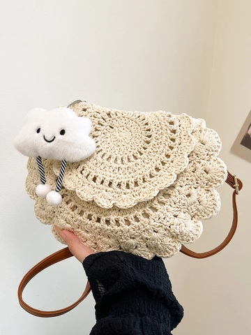 Borsa a Tracolla Intrecciata all'Uncinetto da Donna a Onde Festonate Con Ciondolo a Nuvola Borsa a Tracolla Bohémien Casual per Vacanze Mare