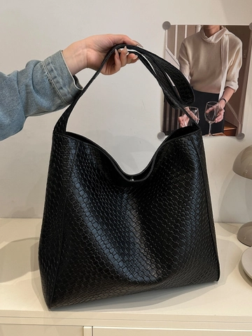 Large Capacity Woven Pattern PU Leather Tote Bag For Women Minimalist Shoulder Bag Solid Color Casual Bucket Bag Daily Work Handbag