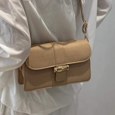 Vintage Schultertasche Mit Krokodilmuster Für Damen PU Leder Umhängetasche Mit Bambusverschluss Elegante Quadratische Handtasche
