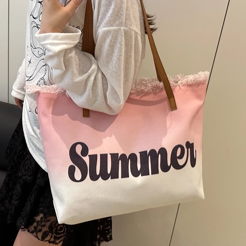 Borsa Tote in Tela da Donna Lettera Estiva Stampata Sfumata Grande Capacità Borsa a Tracolla Con Bordo a Frange Sfilacciato