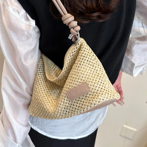 Damen Gewebte Stroh Umhängetasche Minimalistisch PU Lederband Unterarmtasche Große Kapazität Sommer Strand Urlaub Tote Bag