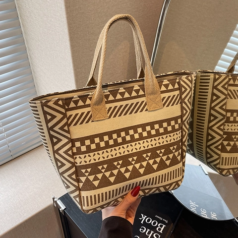 Geometrische Bedruckte Canvas Tote Bag Damen Große Kapazität Ethnische Gestreifte Umhängetasche Lässige Shopping Reise Mutter Tasche