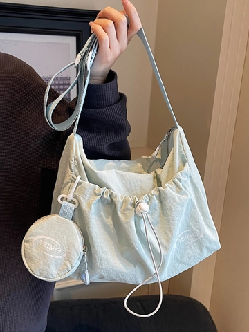 Women Casual Canvas Ruched Drawstring Shoulder Bag Large Capacity Crossbody Tote Bag With Detachable Round Coin Purse