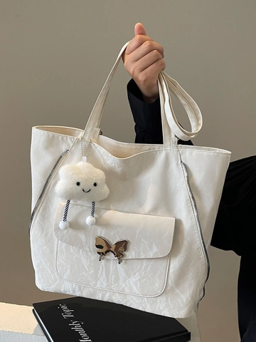 Sac Cabas Minimaliste Urbain en Cuir PU Froissé pour Femmes Grande Capacité Sac à Épaule Avec Boucle Papillon Pendentif Nuage