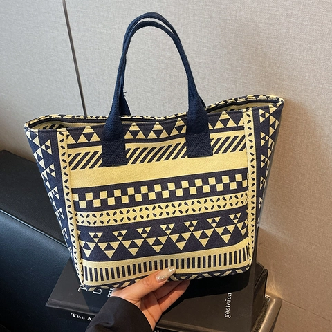 Geometrische Bedruckte Canvas Tote Bag Damen Große Kapazität Ethnische Gestreifte Umhängetasche Lässige Shopping Reise Mutter Tasche