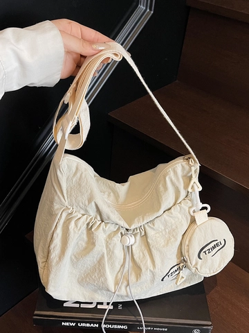 Women Casual Canvas Ruched Drawstring Shoulder Bag Large Capacity Crossbody Tote Bag With Detachable Round Coin Purse