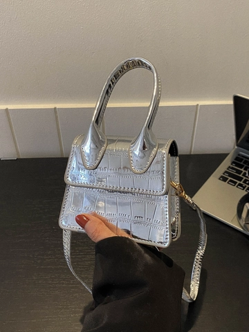 Mini Sac Fourre-tout Femmes Cuir PU Motif Crocodile Métallisé Petit Sac Carré Avec Poignée Longue Bandoulière Micro Sac De Fête