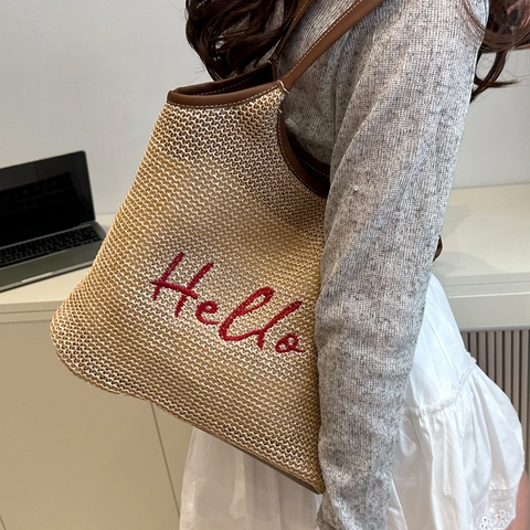 Damen Gewebte Tragetasche Mit Hello Stickerei Casual Strand Schultertasche PU Lederriemen Große Kapazität Urlaubs Handtasche