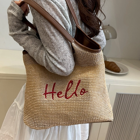 Damen Gewebte Tragetasche Mit Hello Stickerei Casual Strand Schultertasche PU Lederriemen Große Kapazität Urlaubs Handtasche