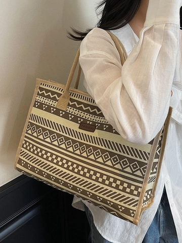Borsa Tote in Tela Etnica Vintage Grande Capacità Stampa Geometrica Borsa a Spalla Donna Casual Pendolare Viaggio Shopping