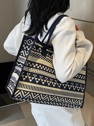 Borsa Tote in Tela Etnica Vintage Grande Capacità Stampa Geometrica Borsa a Spalla Donna Casual Pendolare Viaggio Shopping