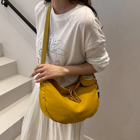 Women Canvas Half Moon Shoulder Bag With Round Pouch Large Capacity Adjustable Strap Casual Tote Crossbody Bag Fashion Hobo Purse