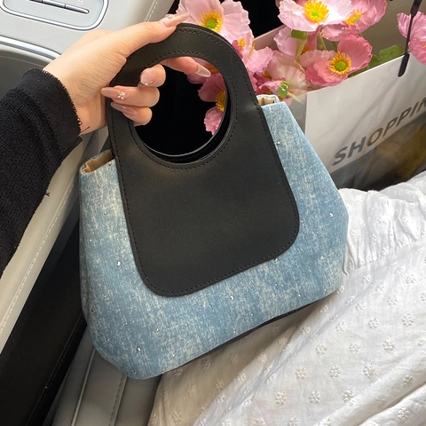 Vintage Dames Denim PU Patchwork Handtas Contrastkleur Strass Kleine Tote Handtas Dagelijks Woon-werkverkeer Winkelen Cadeau