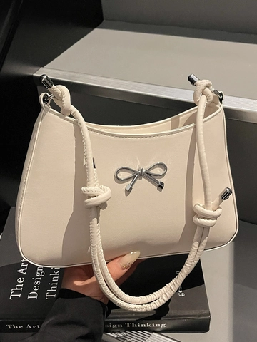 Bolso de Axila de Cuero PU Minimalista para Mujer Decoración de Lazo de Metal Plateado Color Sólido Correa Anudada Bolso de Hombro