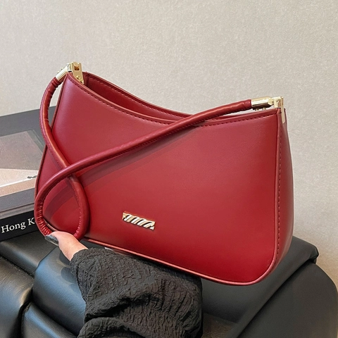 Bolso de Hombro de Axila de Cuero PU Minimalista para Mujer Color Sólido Bolso Hobo Media Luna Con Decoración de Metal