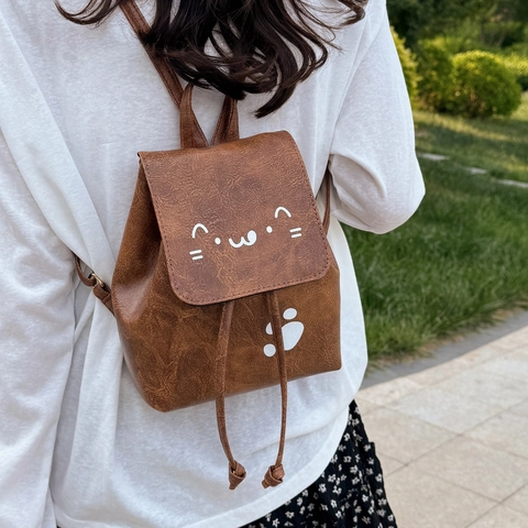 Simpatico Zaino Mini con Stampa Gatto per Donna in Pelle PU Piccola Borsa a Tracolla Retrò con Coulisse Borsa Casual da Viaggio