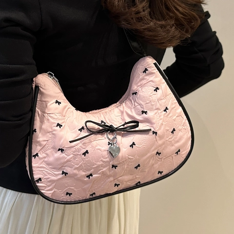 Women Sweet Bow Print Pleated Shoulder Bag Vintage Hobo Underarm Bag With Heart Pendant Canvas Polyester Handbag
