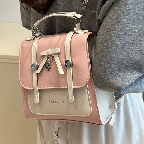 Zoete Strik Mini Rugzak Voor Dames PU Leer Hart Hanger Contrast Kleur Kleine Vierkante Schoudertas Casual Mode Handtas