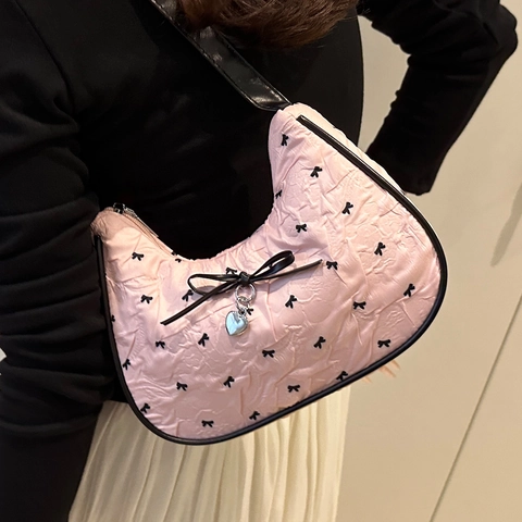 Women Sweet Bow Print Pleated Shoulder Bag Vintage Hobo Underarm Bag With Heart Pendant Canvas Polyester Handbag