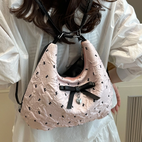 Women Sweet Bow Shoulder Bag With Heart Pendant Textured Canvas Underarm Bag Fashion Commuting Small Tote Purse Handbag