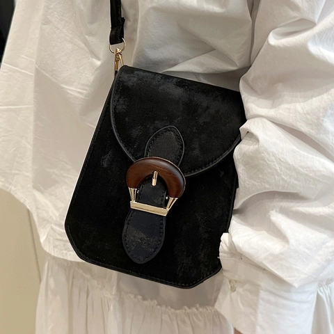 Retro Minimalist PU Leather Mini Crossbody Bag For Women Wood Grain Buckle Gold Metal Hardware Small Square Shoulder Phone Bag
