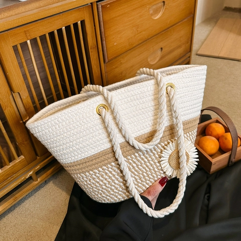 Handgeweven Katoenen Touw Tote Tas Grote Capaciteit Strand Schoudertas Met Bloem Strik Decor Voor Vrouwen Casual Zomer Handtas