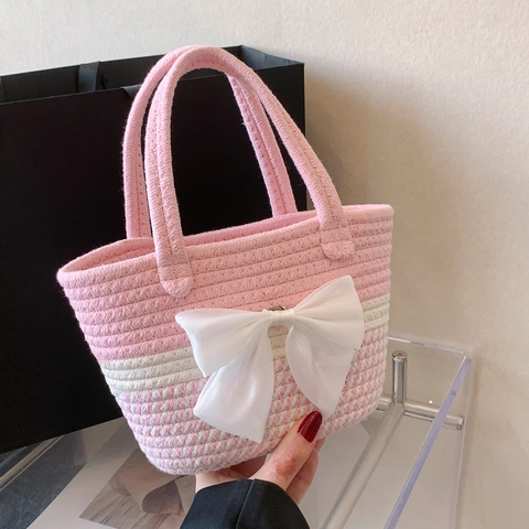 Handgewebte Stroh Schultertasche Für Damen Gestreifte Strandtasche Mit Schleife Blume Dekor Sommer Urlaub Mode Tasche