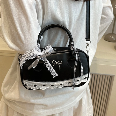Sac Bowling en Cuir PU Style Coréen pour Femmes Avec Dentelle et Nœud Sac Bandoulière Design de Niche Sac à Main Chic