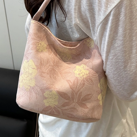 Vintage Blumen Canvas Tragetasche Für Damen Neuer Chinesischer Stil Elegante Bedruckte Schultertasche Minimalistische Sommer Handtasche