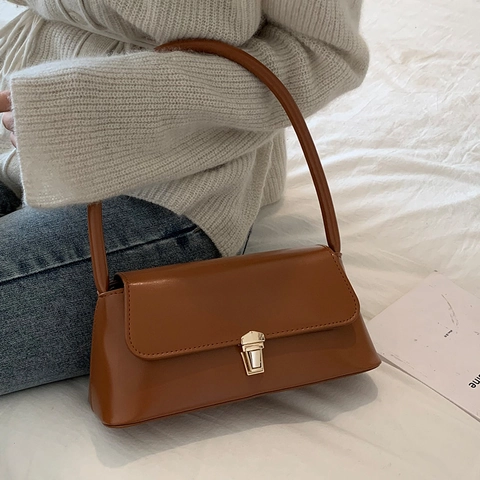 Französische Retro PU Leder Baguette Tasche Für Damen Große Kapazität Einfarbige Umhängetasche Mit Metallo Schloss Unterarmtasche