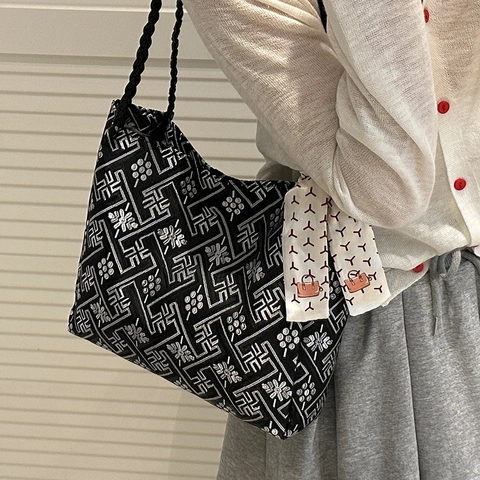 Große Kapazität Damen Jacquard Tragetasche Im Nationalen Stil Mit Schal Dekoration Geflochtenem Griff Mode Schultertasche Handtasche