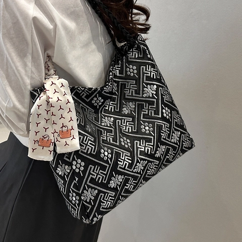 Große Kapazität Damen Jacquard Tragetasche Im Nationalen Stil Mit Schal Dekoration Geflochtenem Griff Mode Schultertasche Handtasche