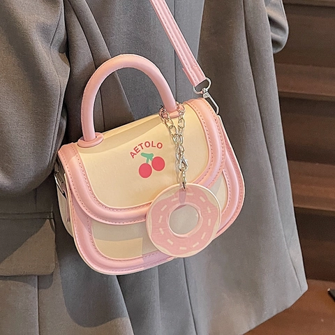 Bolso de Silla de Cuero PU con Estampado de Cereza Dulce para Mujer Color en Contraste Bolso de Hombro Llavero de Dona