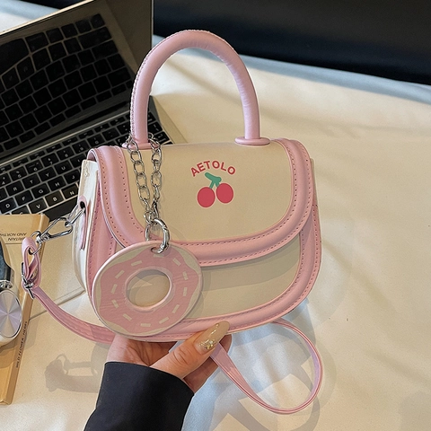 Bolso de Silla de Cuero PU con Estampado de Cereza Dulce para Mujer Color en Contraste Bolso de Hombro Llavero de Dona