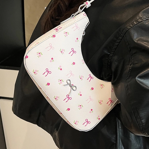 Sweet Floral Bowknot Printed PU Leather Shoulder Bag Fashion Underarm Hobo Bag With Metal Bow Decor Elegant Handbag