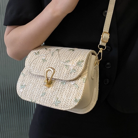 Women Fashion Straw Woven Shoulder Bag With Floral Embroidery Pastoral Style Crossbody Small Square Bag With Metal Lock