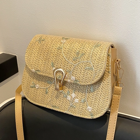 Women Fashion Straw Woven Shoulder Bag With Floral Embroidery Pastoral Style Crossbody Small Square Bag With Metal Lock